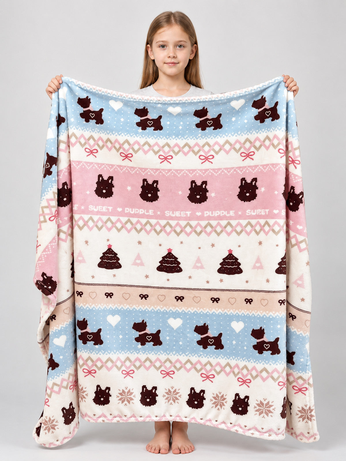 Reversible Fleece Blanket with Dog and Bow Print