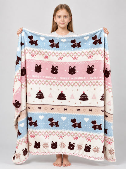 Reversible Fleece Blanket with Dog and Bow Print