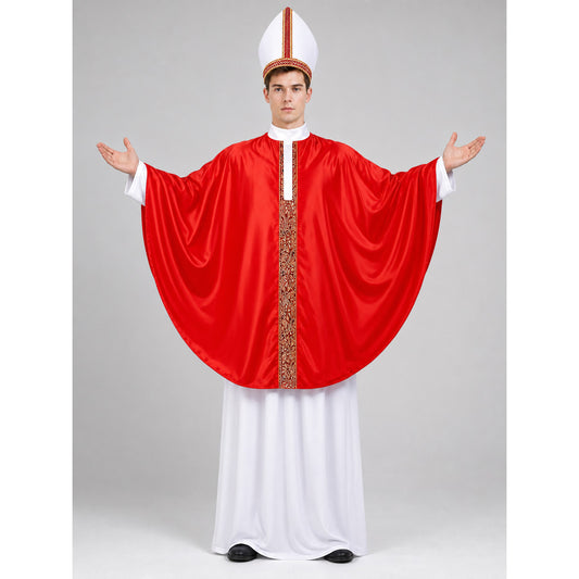 Papal-Style Ceremonial Costume Set With Red Robe, White Undergarment And Pointed Mitre Hat For Stage, Film And Themed Events