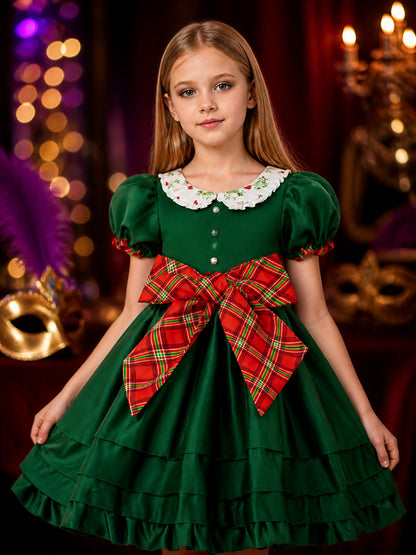 Girls' Christmas Elf Dress, Dark Green Ruffled Princess Costume with Puff on-model view