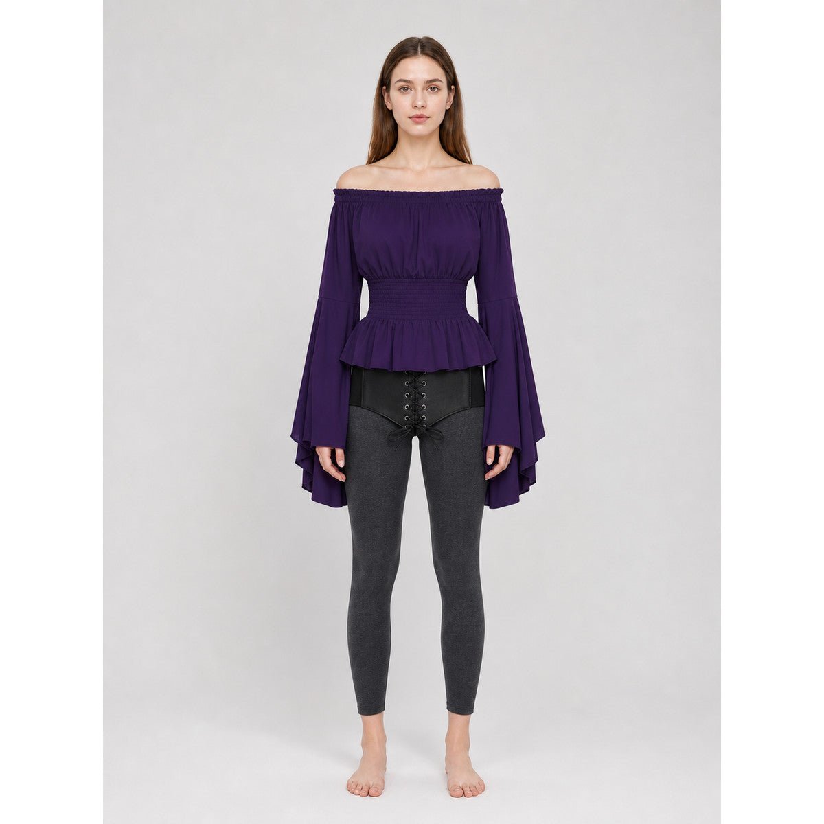 Purple blouse with a belt, off-the-shoulder design, and flared sleeves