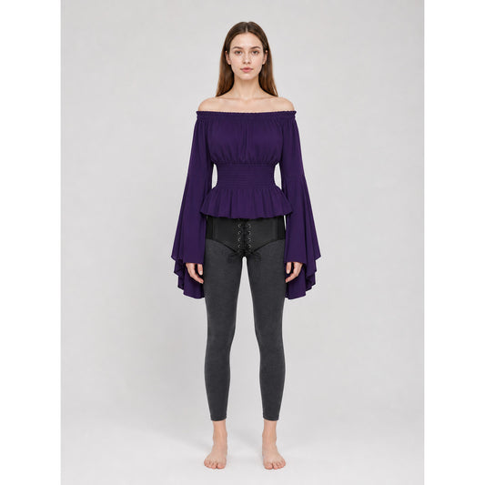 Purple blouse with a belt, off-the-shoulder design, and flared sleeves