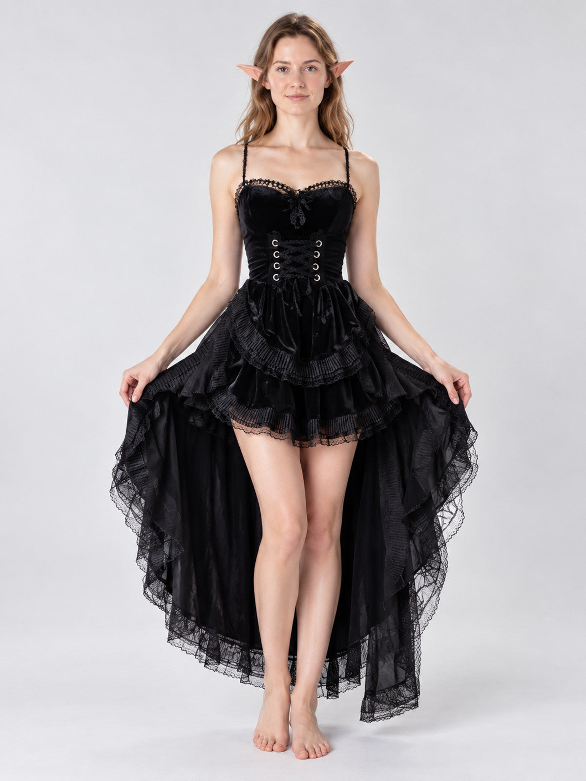 Gothic Black Carnival Costume with Elf Ears