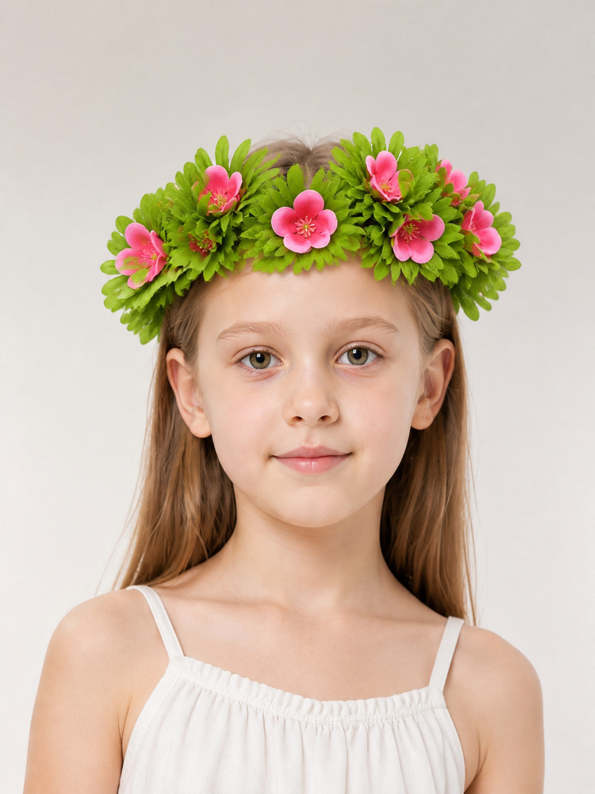 Carnival Headpiece: Pink Flowers and Green Leaves main product view