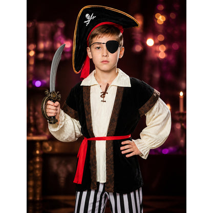Kids' Pirate Costume Set - Skeleton Print Shirt, Striped Pants, Hat, Eye Patch on-model view