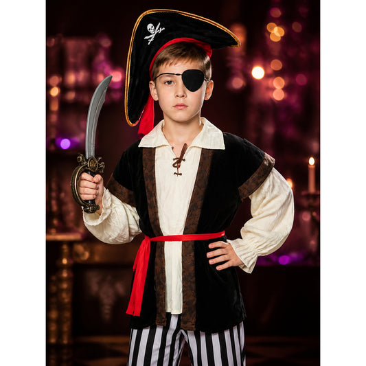 Kids' Pirate Costume Set - Skeleton Print Shirt, Striped Pants, Hat, Eye Patch on-model view