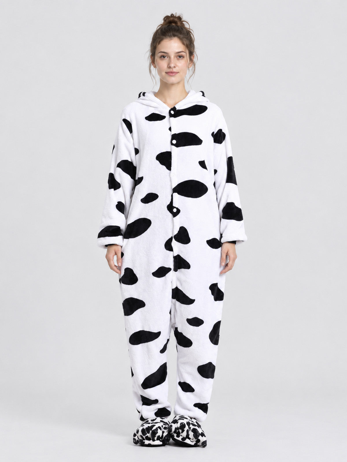 White Flannel Pajama Jumpsuit with Animal Print