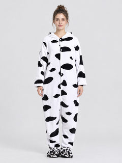 Cow Print Flannel Onesie Pajama Jumpsuit Costume for Adults & Kids – Hooded, Button Front