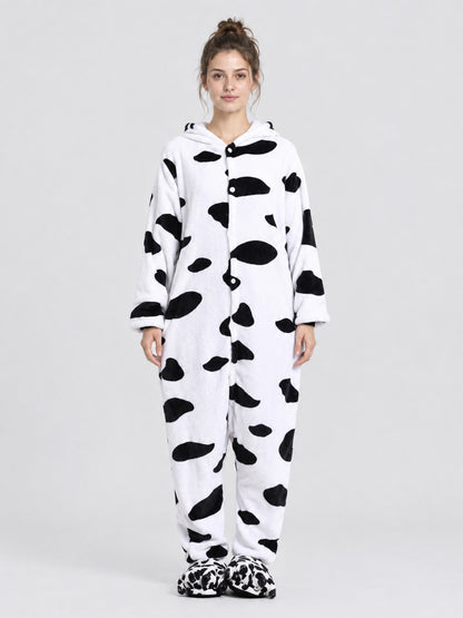White Flannel Pajama Jumpsuit with Animal Print