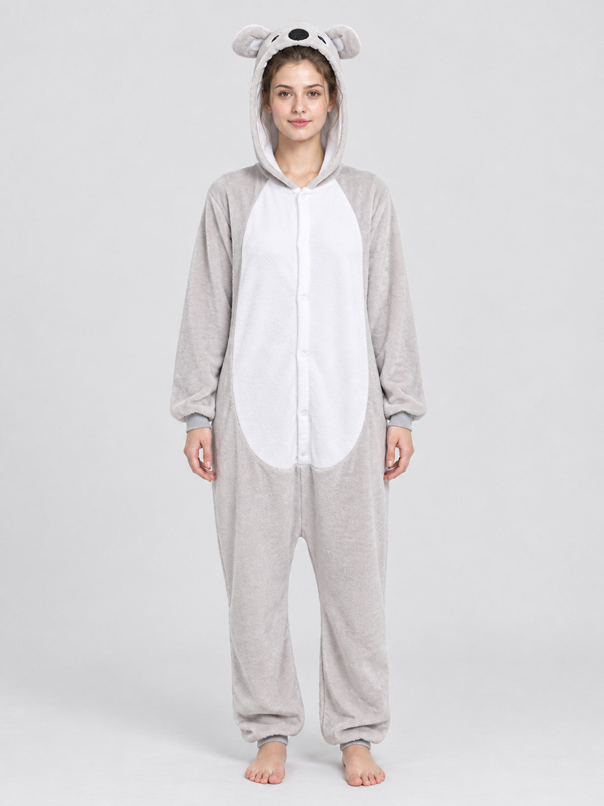 Hooded Pajama Jumpsuit with Ears, Light Gray