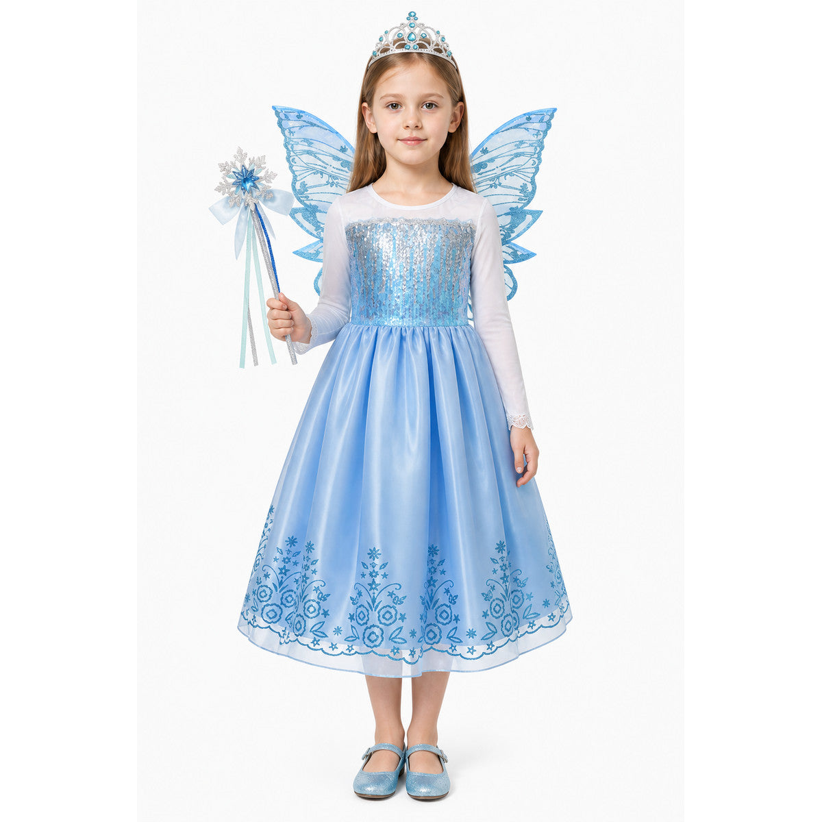 Blue Princess Costume with Butterfly Wings and Crown main product view
