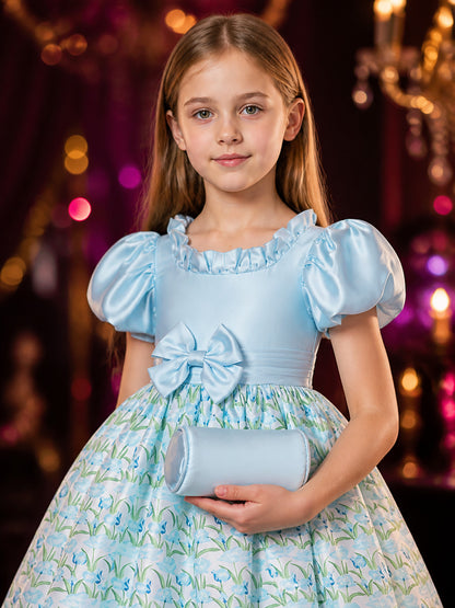 Girls' Sky Blue Princess Dress with Puff Sleeves, Floral Print, Waist Bow and on-model view