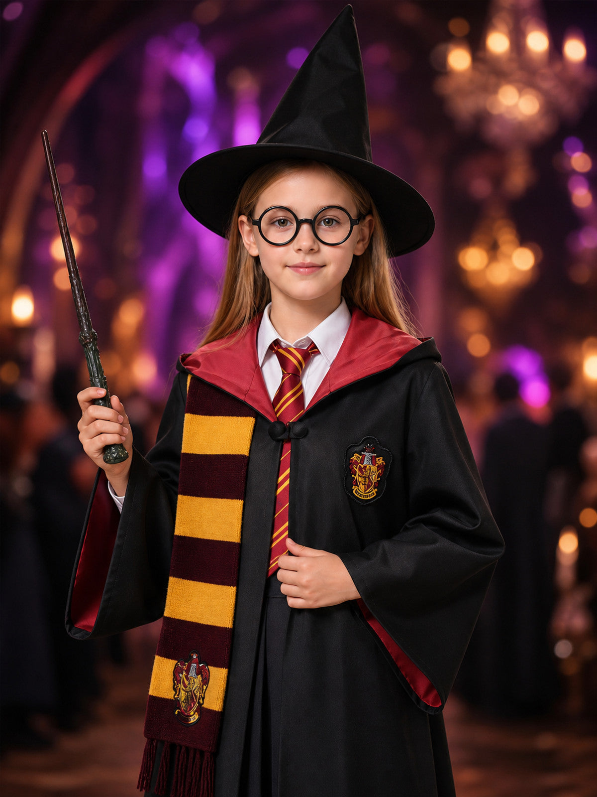 Wizard Costume Set with Hooded Robe, Scarf, Tie, Hat, Wand and Round Glasses