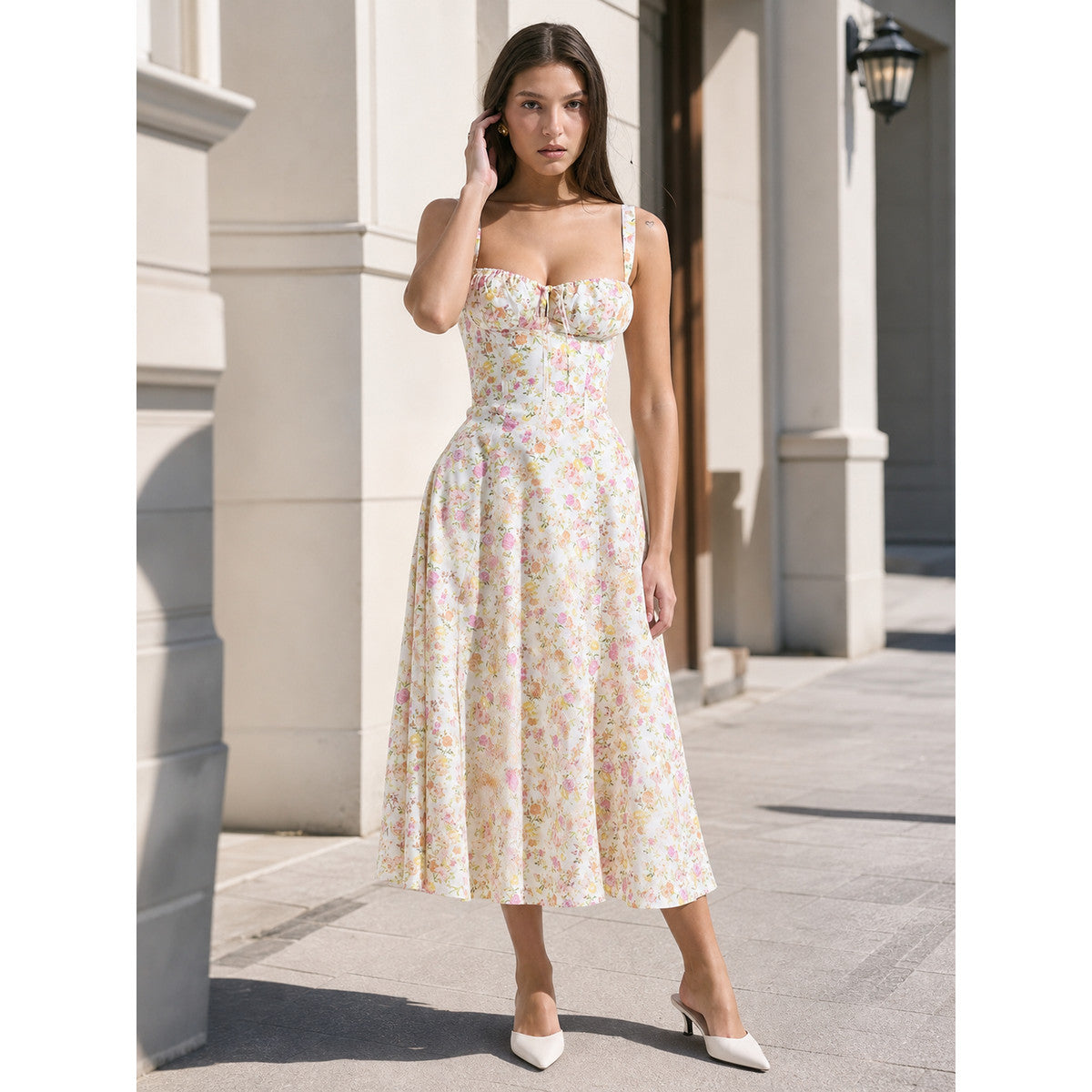 Women’s Midi Dress with Square Neckline and Print