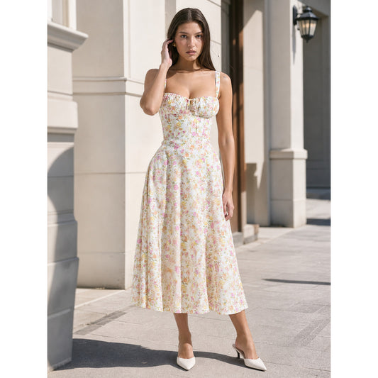 Women’s Midi Dress with Square Neckline and Print