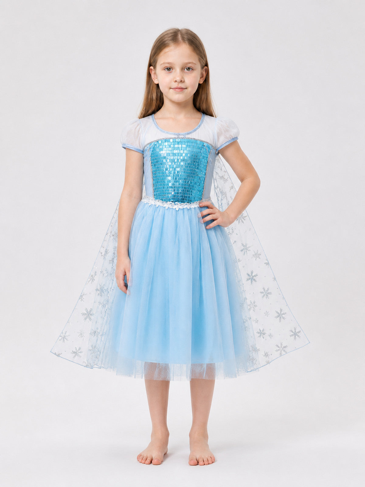 Light Blue Dress with White Cape, Snowflakes, and Sequins main product view