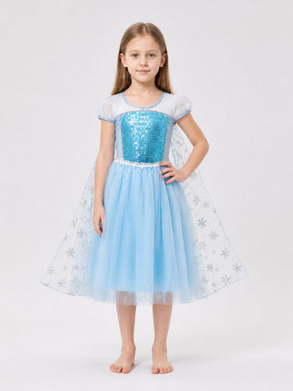 Light Blue Dress with White Cape, Snowflakes, and Sequins main product view