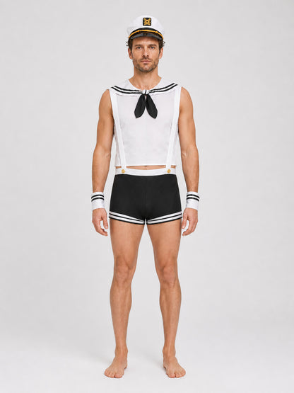 Sailor Costume: White Top, Black Shorts, Sailor Cap on-model view