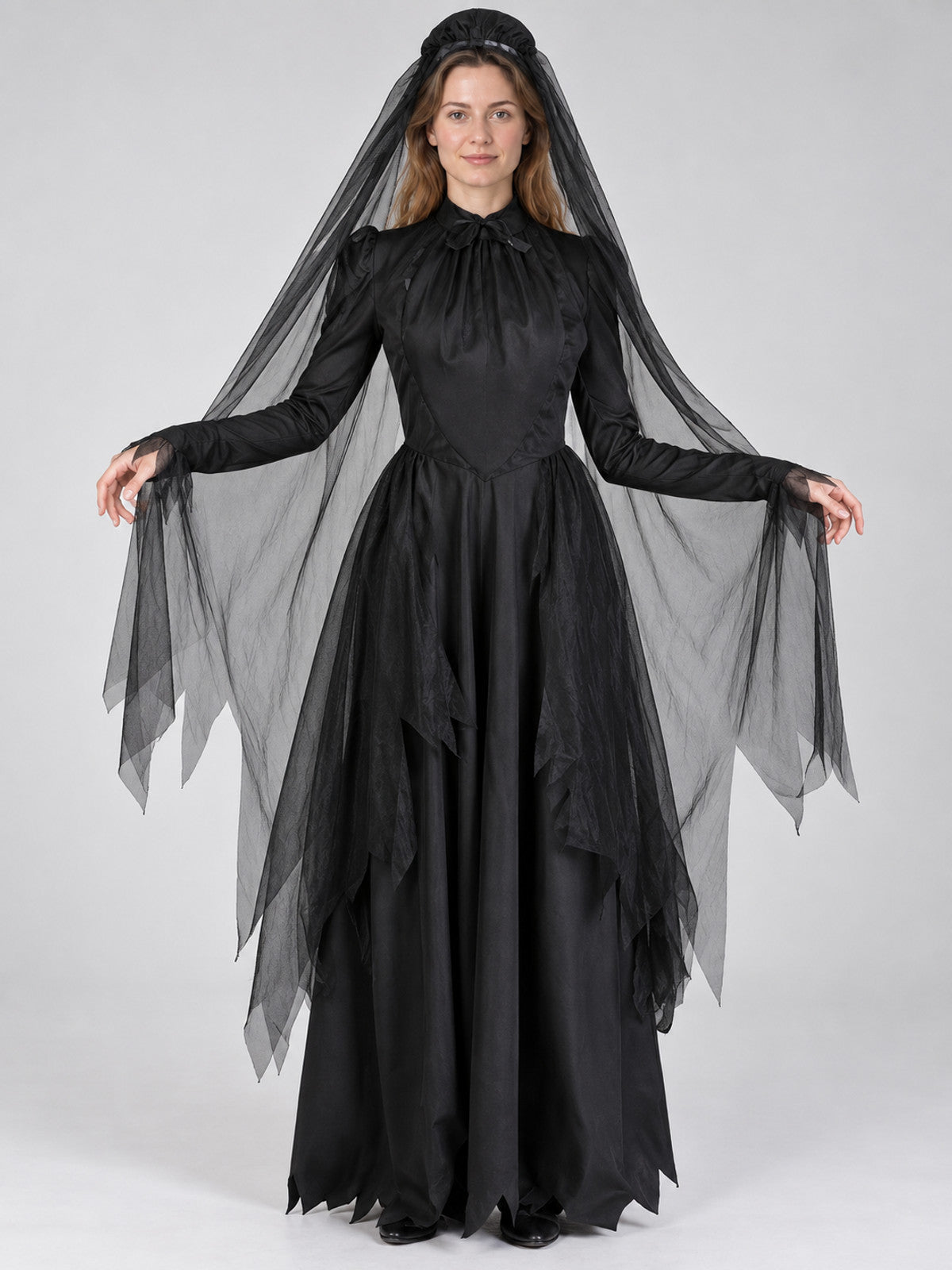 Vampire Carnival Costume with Veil and Hat, Black