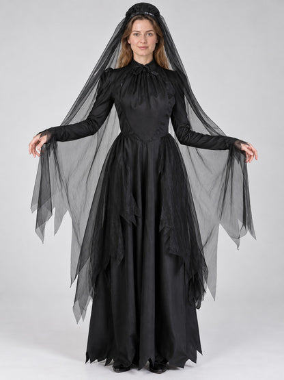 Vampire Carnival Costume with Veil and Hat, Black