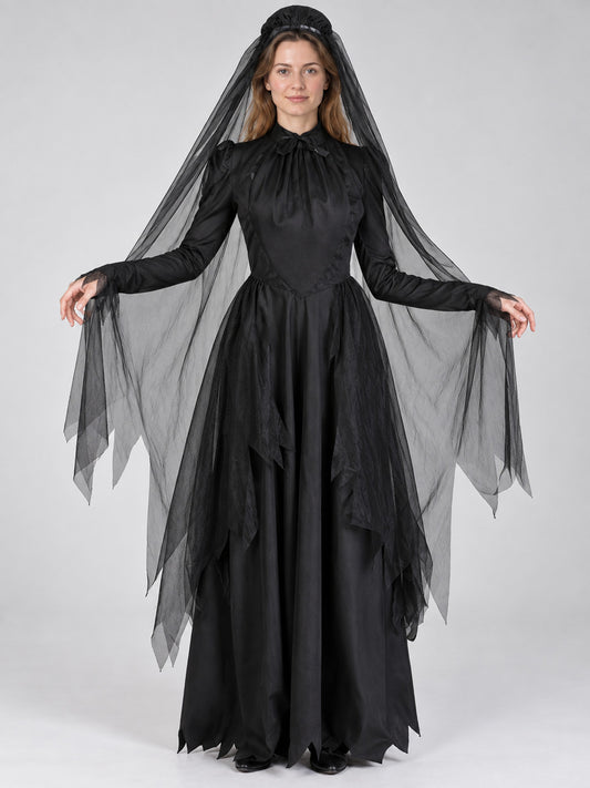 Vampire Carnival Costume with Veil and Hat, Black