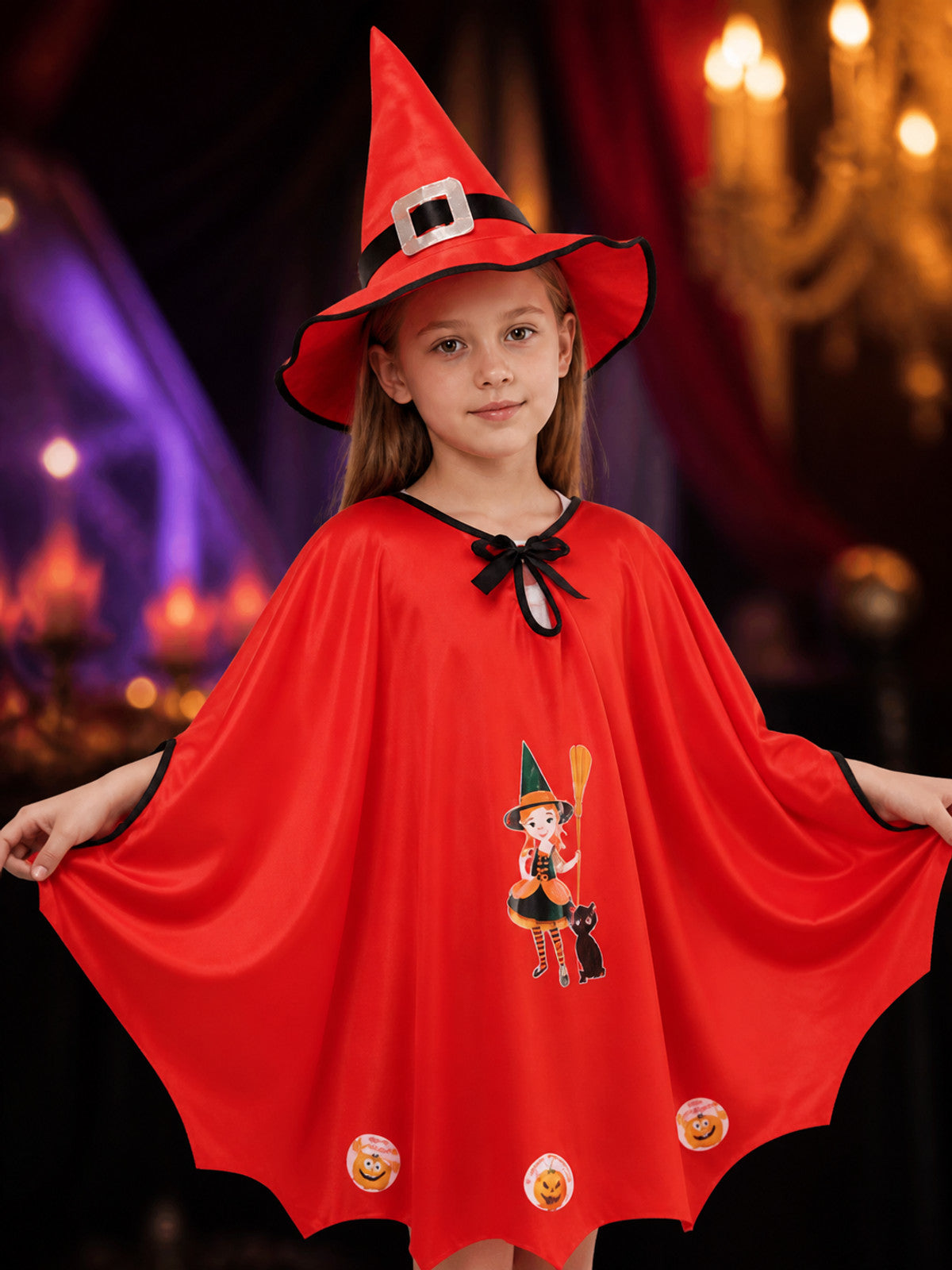 Kids Witch Costume Set with Cape and Hat, Red Wizard Cloak Halloween Outfit on-model view