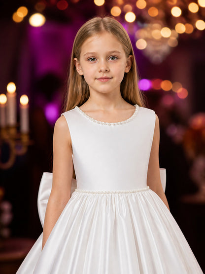 Girls' White Princess Dress, Sleeveless Long Formal Gown With Bow and Pearl-Like on-model view