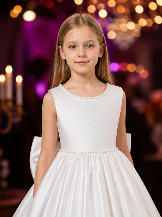 Girls' White Princess Dress, Sleeveless Long Formal Gown With Bow and Pearl-Like on-model view