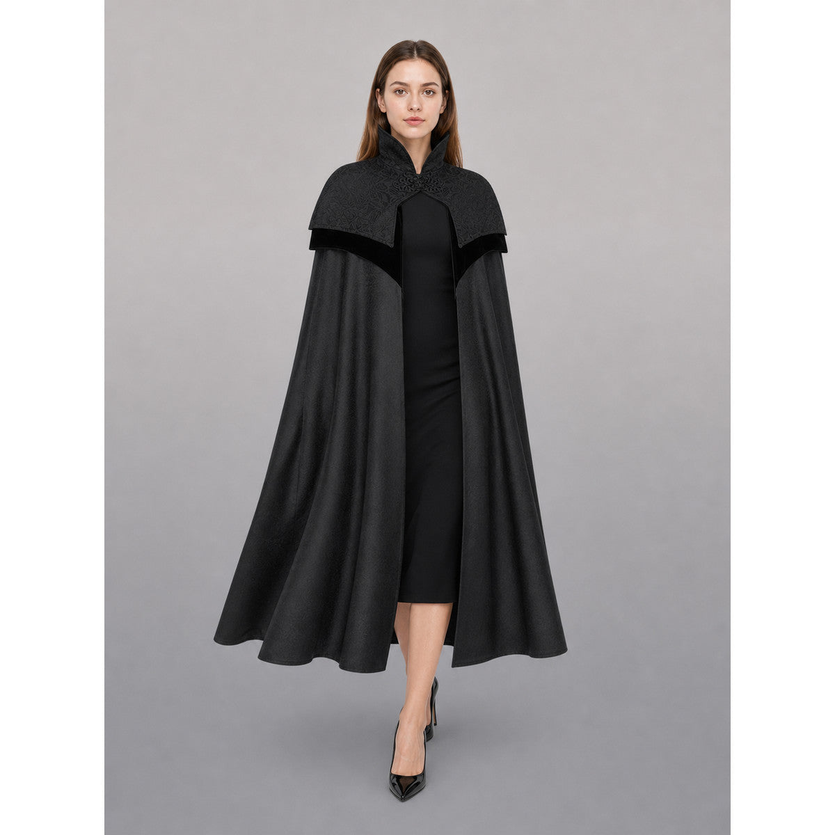 Black Hooded Fantasy Costume Cloak front view
