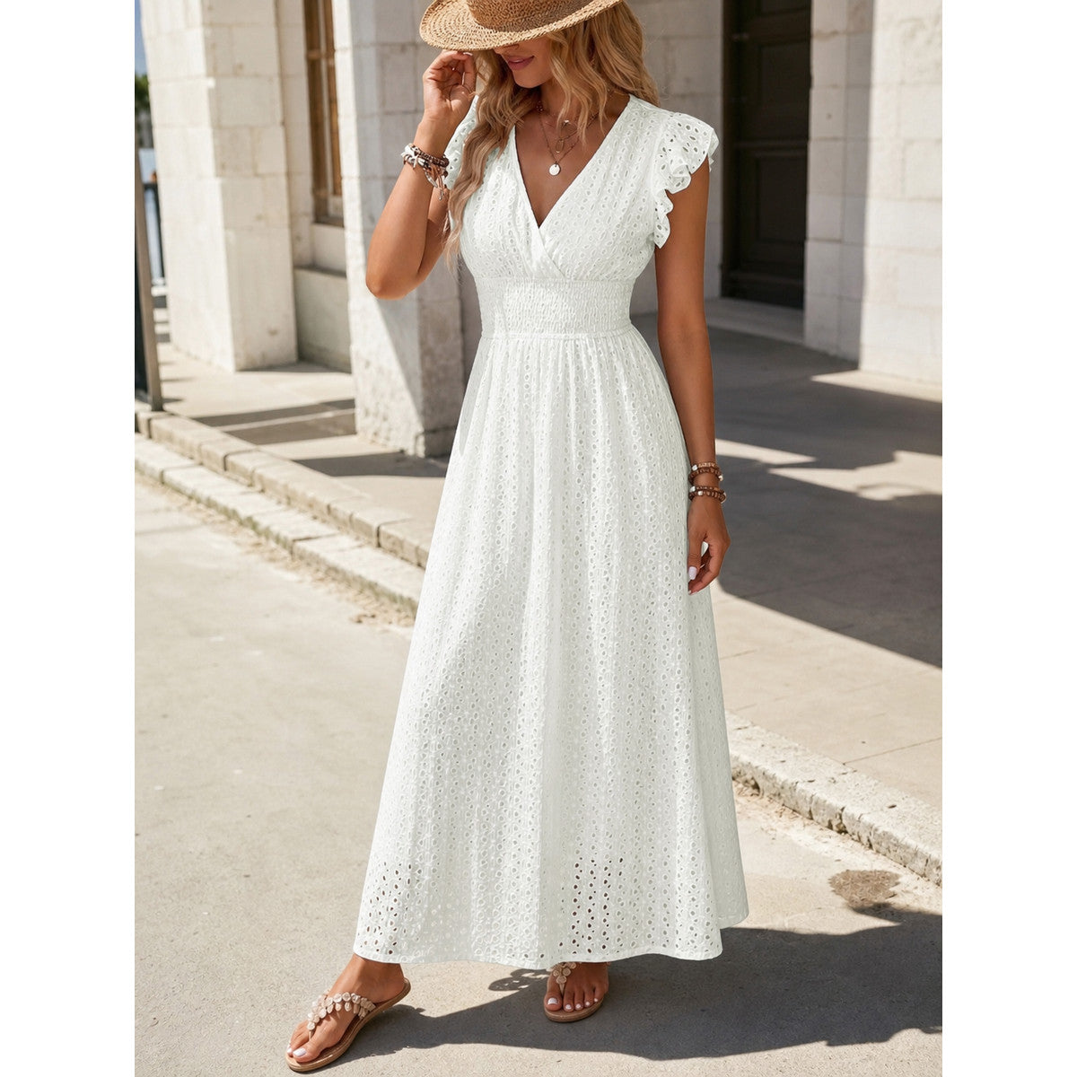 White Women's Midi Dress with a V-Neckline and Ruffles