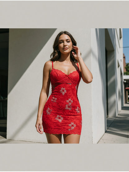 Red Lace-Trimmed Slip Dress with Spaghetti Straps main product view