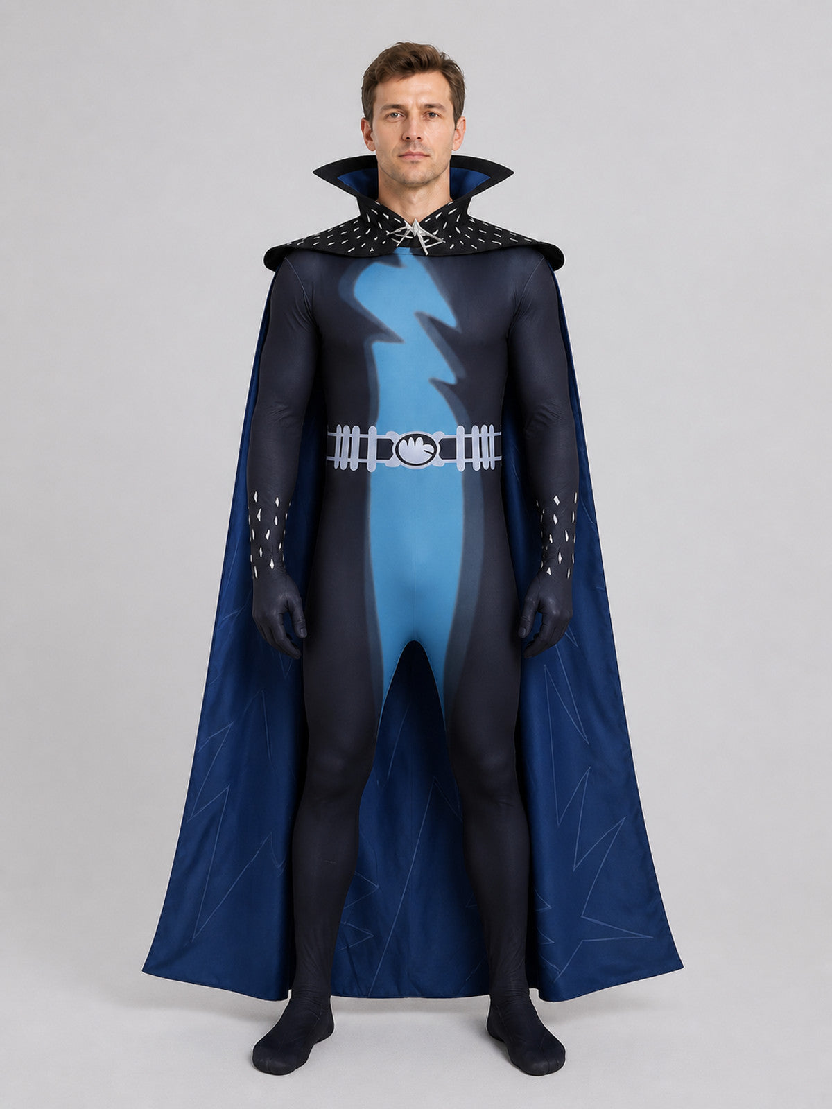 Megamind Cosplay Jumpsuit with Polyester Cape on-model view