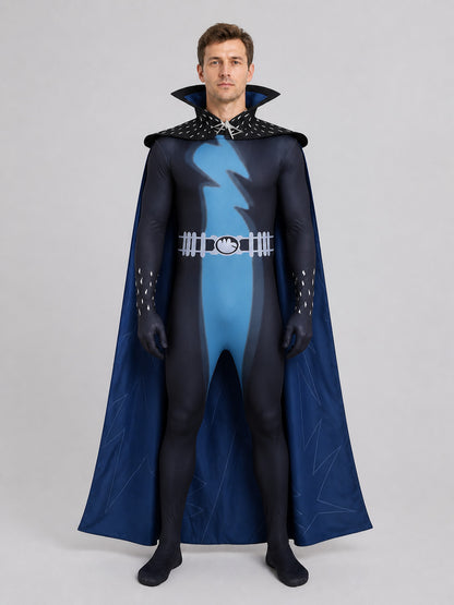 Megamind Cosplay Jumpsuit with Polyester Cape on-model view