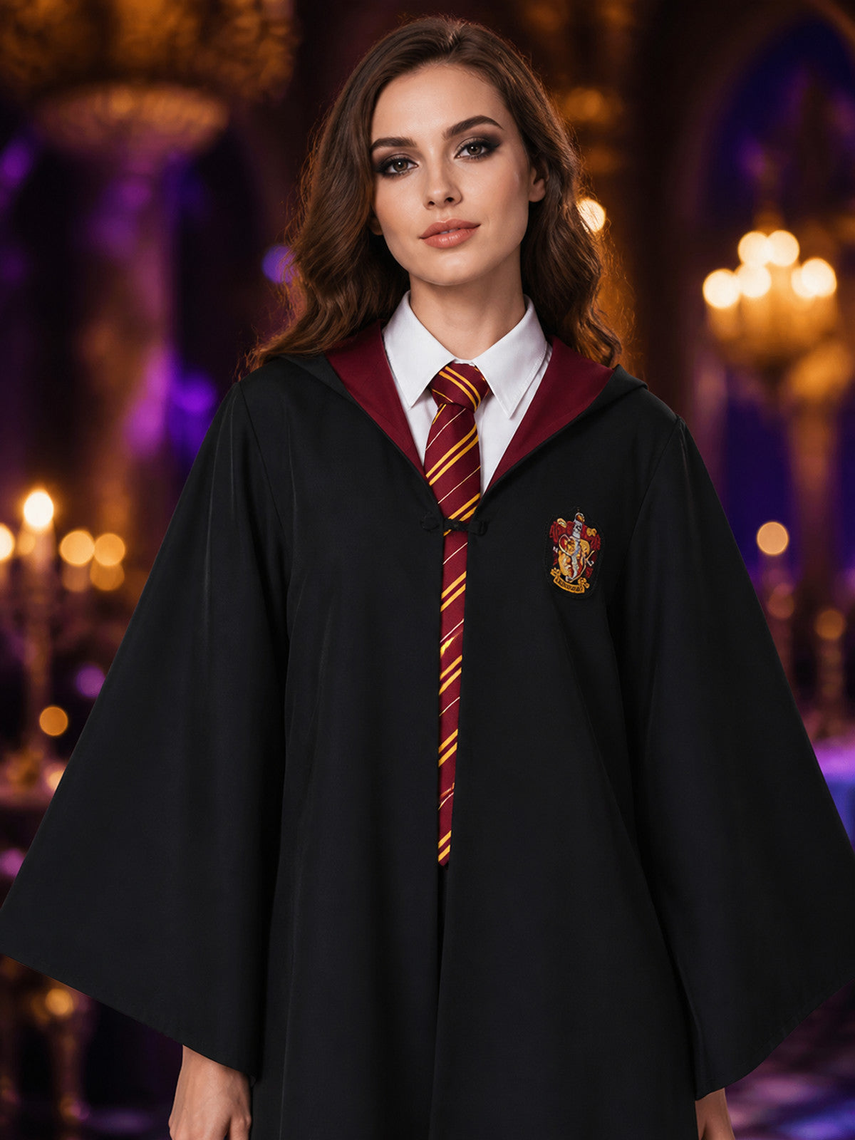 Black Wizard Robe Costume Set with Red-Yellow Striped Tie, Long Sleeve Halloween on-model view