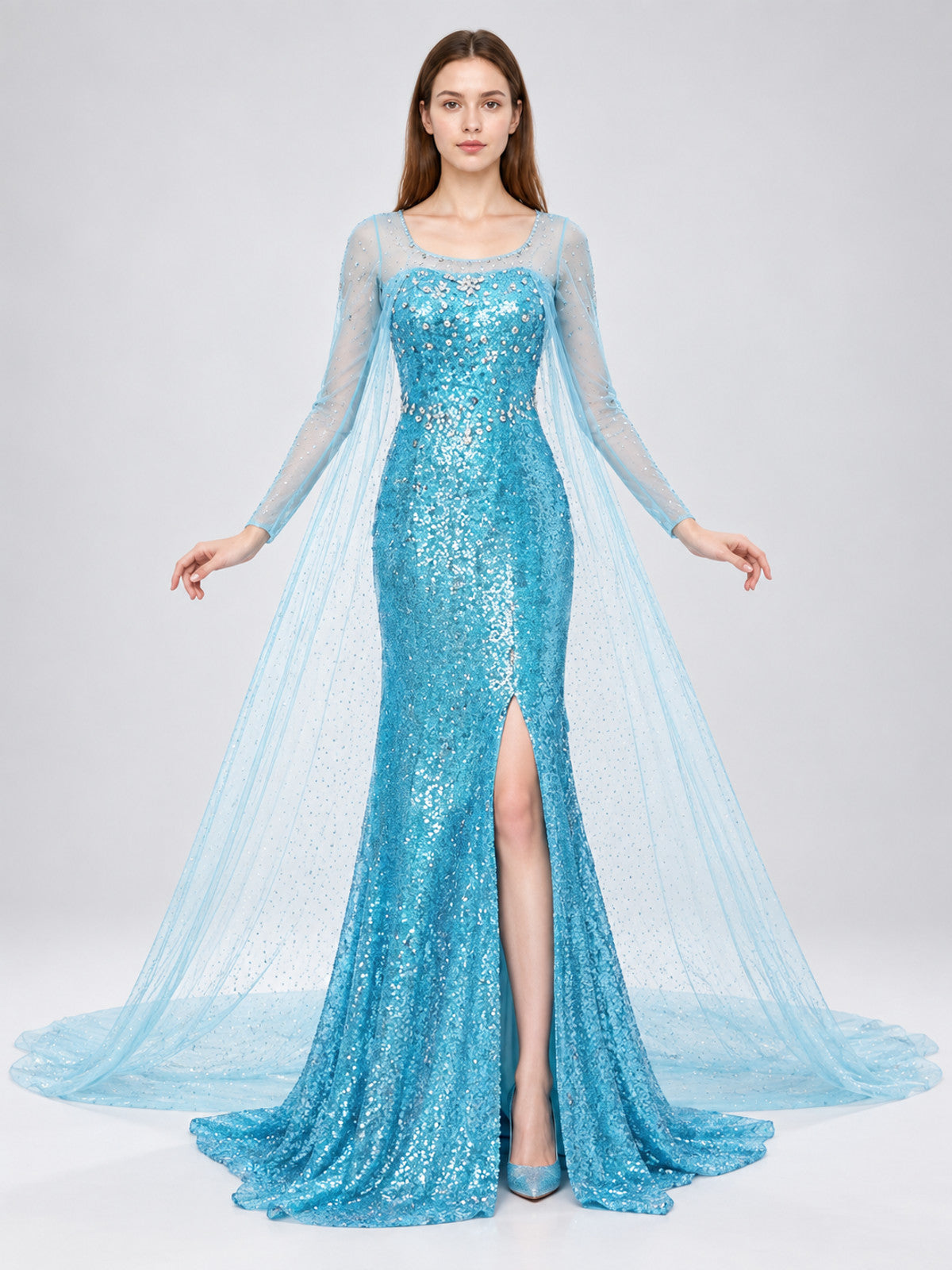 Turquoise Floor-Length Sequin Dress with Train on-model view