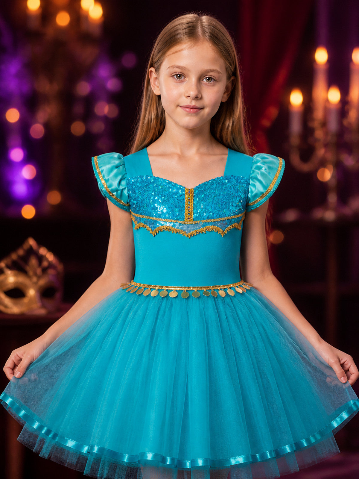 Girls' Blue Princess Dress Costume, Sequined Bodice, Tulle Skirt, Gold Waist on-model view