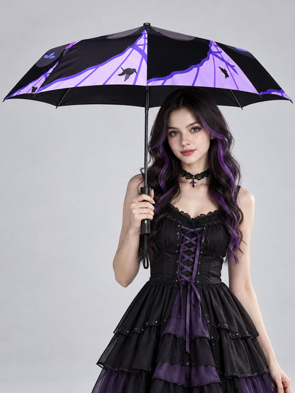 Foldable Automatic Umbrella Black and Purple with Print