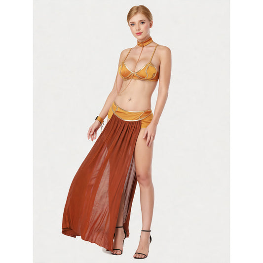 Golden carnival dancer costume with embellishments