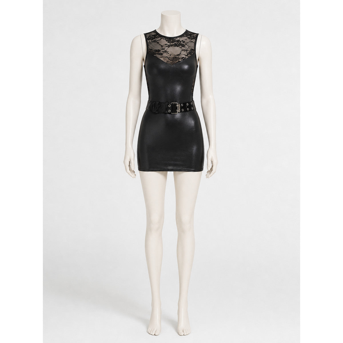 Black Short Police-Style Dress with Belt and Lace on-model view