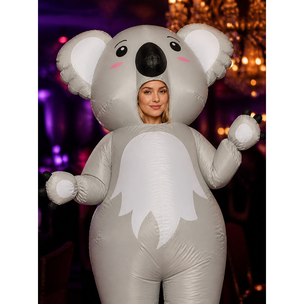 Kids Koala Costume, Gray Animal Onesie with White Belly and Black Paws on-model view