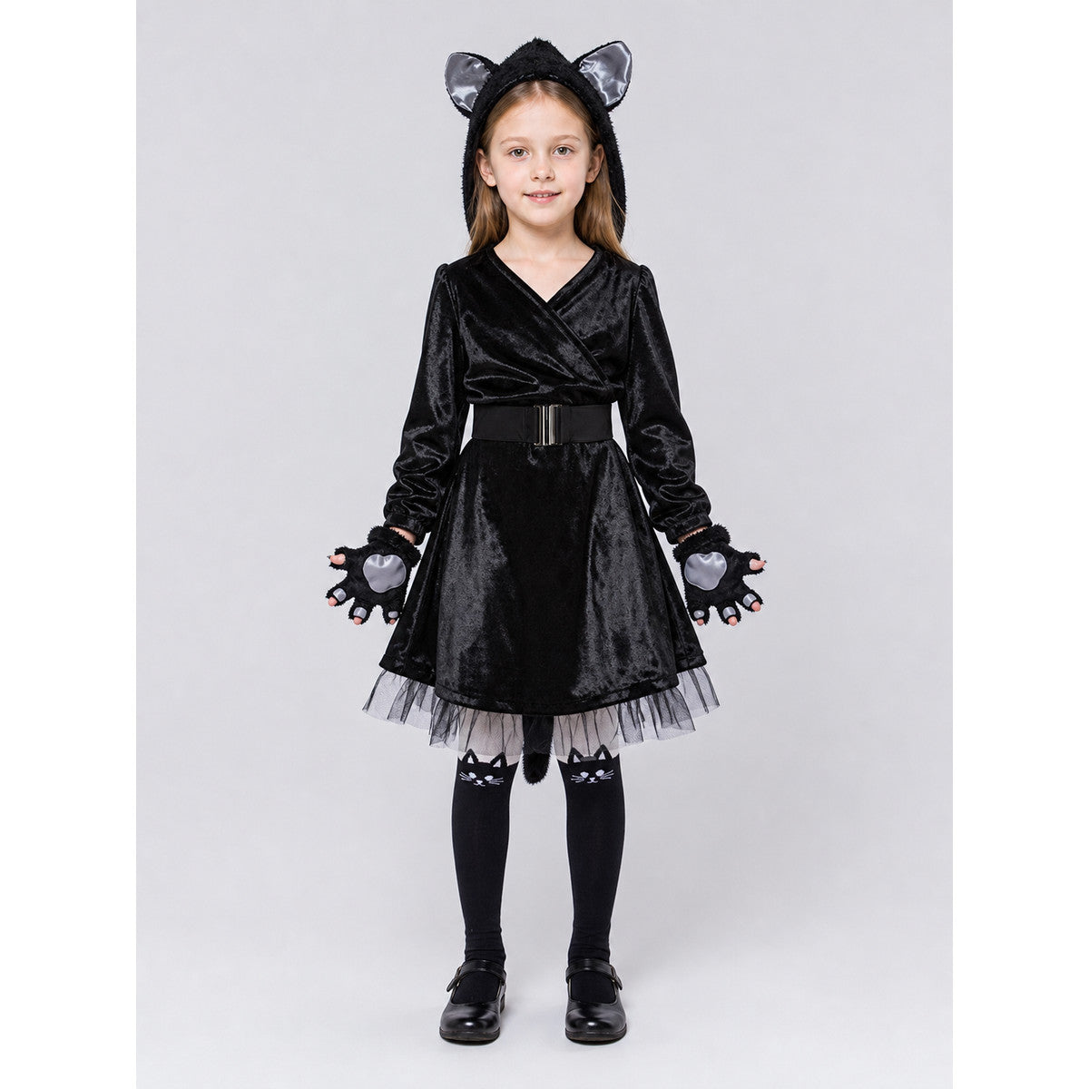 Black Cat Carnival Costume with Hood on-model view