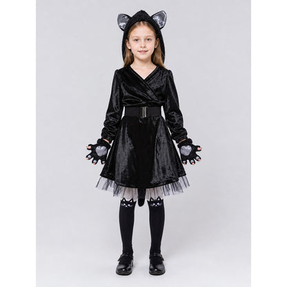 Black Cat Carnival Costume with Hood on-model view