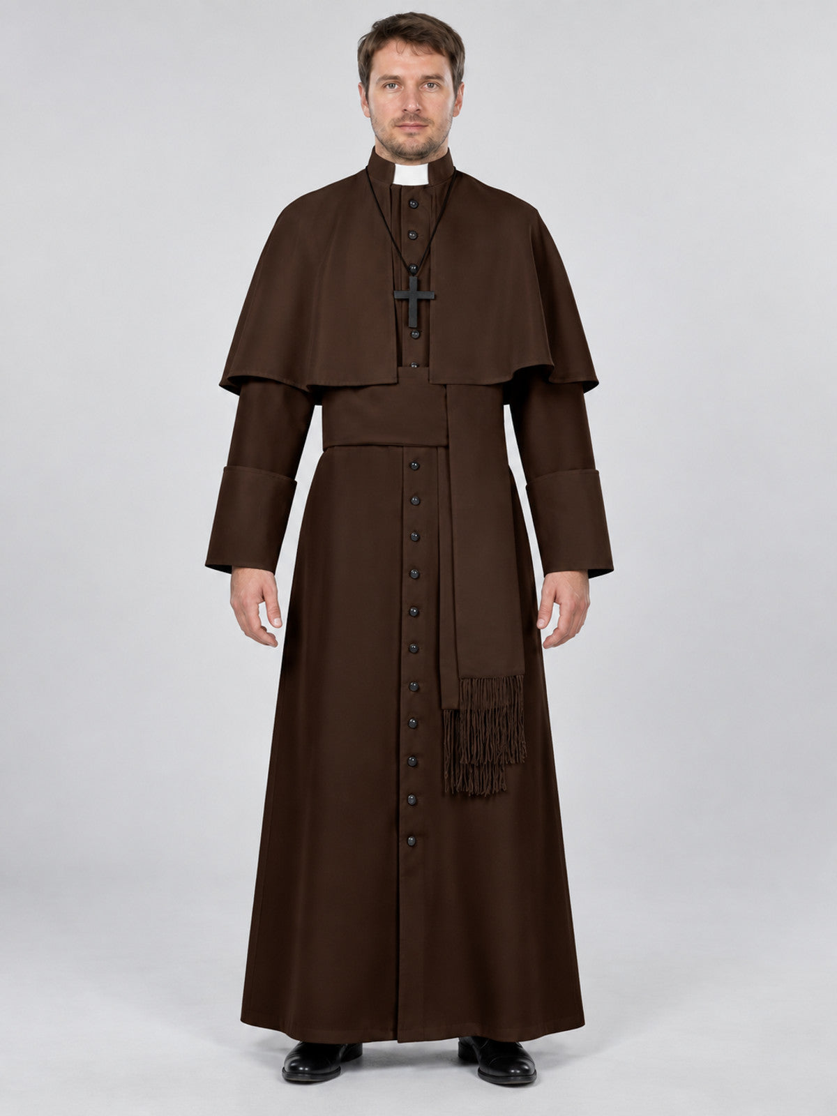 Brown Polyester Priest Costume with Cape and Belt