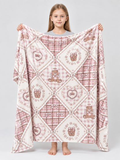 Reversible Fleece Blanket with Bears and Bows, Pink
