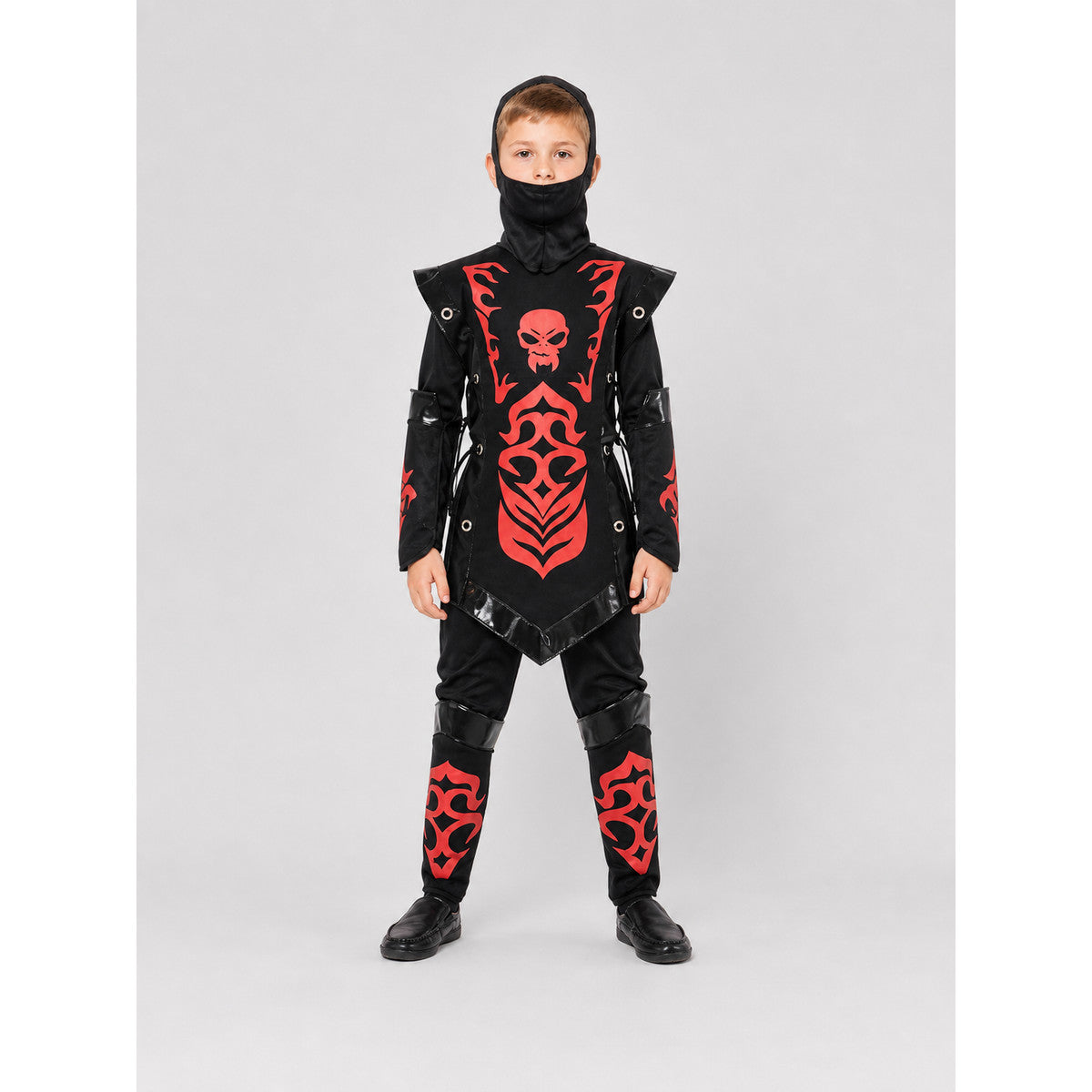 Ninja Costume with Mask and Red-and-Black Pattern on-model view