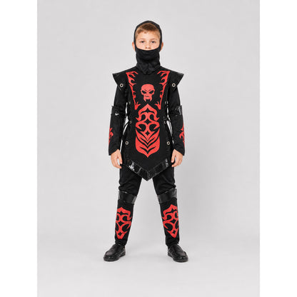 Ninja Costume with Mask and Red-and-Black Pattern on-model view