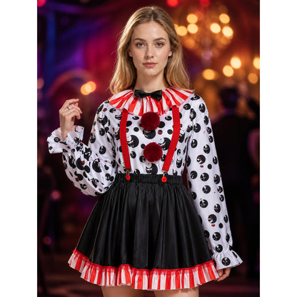 Adult Clown Circus Costume Set With Polka Dot Top And Fluffy Skirt For Halloween on-model view