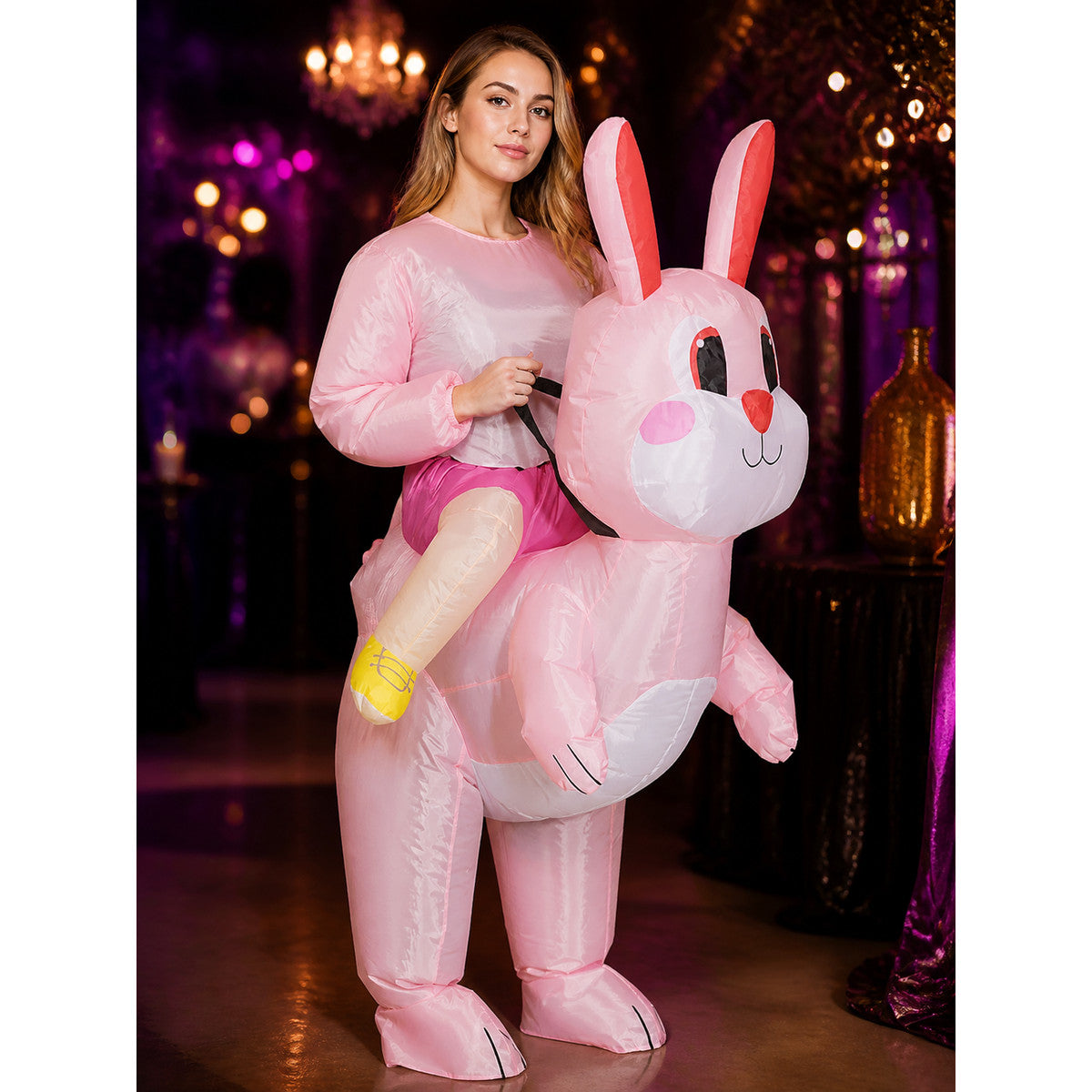Unisex Pink Inflatable Bunny Costume, Funny Halloween Party Outfit on-model view