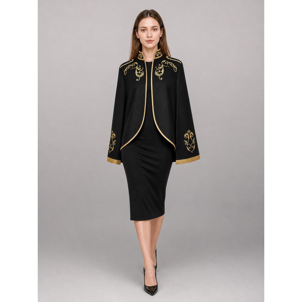 Black Carnival Jacket with Gold Trim and Embroidery front view