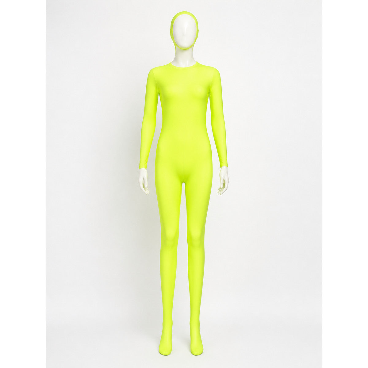 Fluorescent Yellow Zentai Bodysuit Costume, Full Body Hooded Jumpsuit with Face on-model view